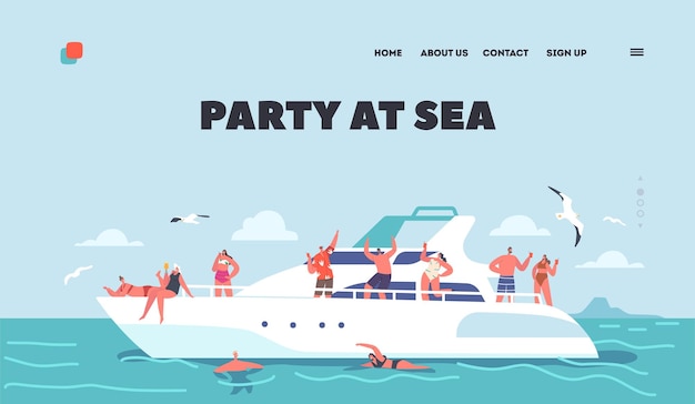 Party at Sea Landing Page Template Young People Relax on Luxury Yacht at Ocean Happy Characters Rest on Ship in Sea