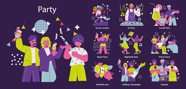 Vector party set various festive celebrations with lively characters enjoying drinks music and dance beach