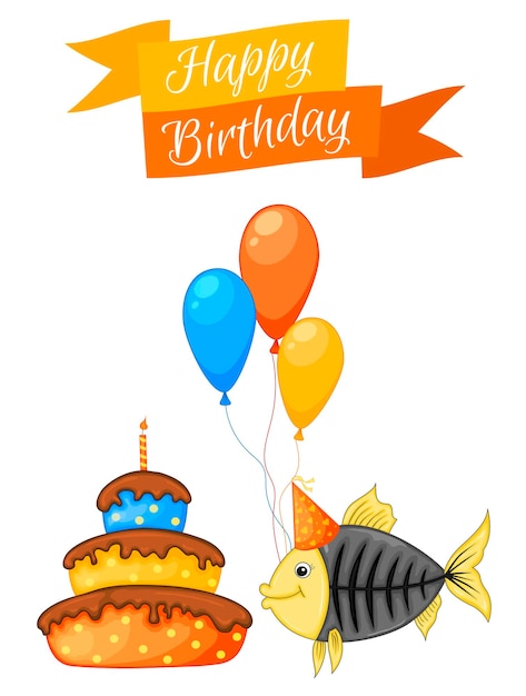 Party set with fish and colorful items on a white background Inscription Happy Birthday Multicolored Vector