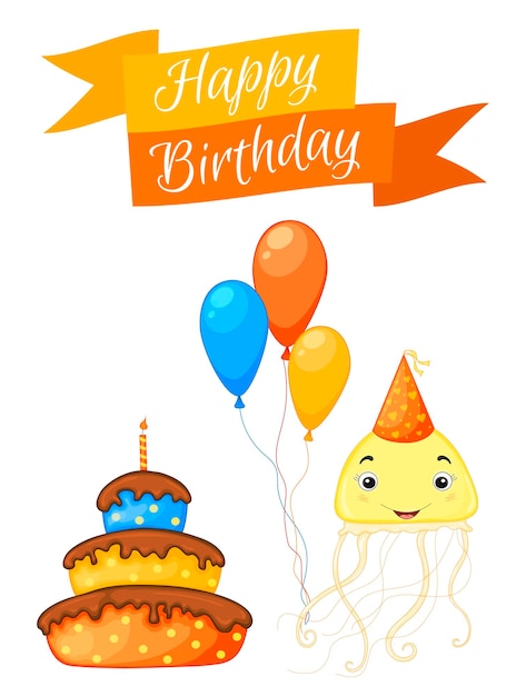 Party set with jellyfish and colorful items on a white background Inscription Happy Birthday Multicolored Vector