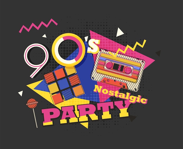 Vector party time the 90s style label vector illustration retro background