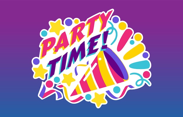 A party time sticker that says party time on it.