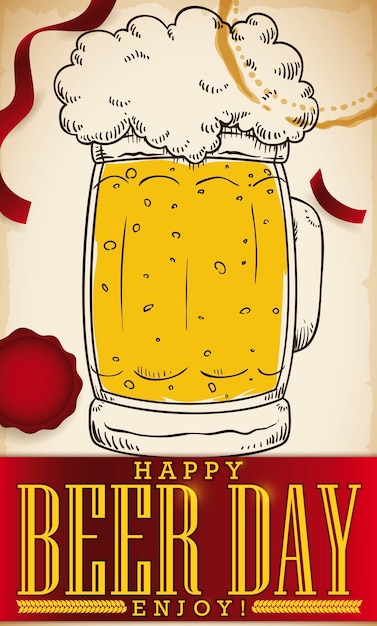 Party with streamers stamp stein beer glass in hand drawn style and greeting ribbon for Beer Day