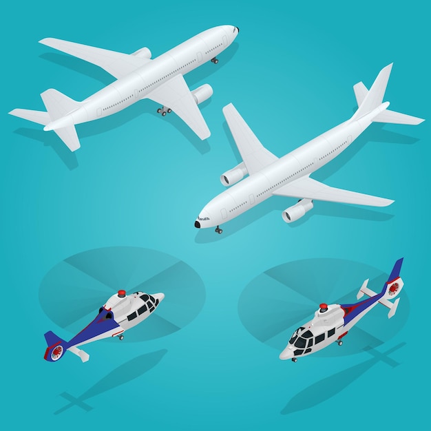 Passenger Airplane. Passenger Helicopter. Isometric Transportation. Aircraft Vehicle. Air Transportation Vector illustration