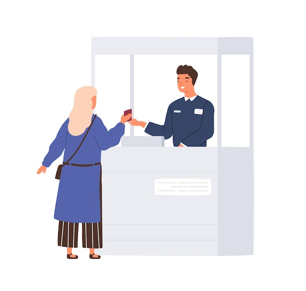 Passenger giving her document to friendly boarder guard while passing airport passport control. Colored flat vector illustration isolated on white background.