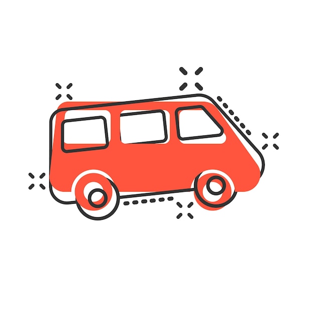 Passenger minivan sign icon in comic style Car bus vector cartoon illustration on white isolated background Delivery truck banner business concept splash effect