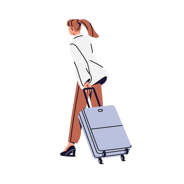 Passenger pulls suitcase on wheels in airport back view Young woman goes to journey carries luggage behind her Tourist travels with baggage Flat isolated vector illustration on white background