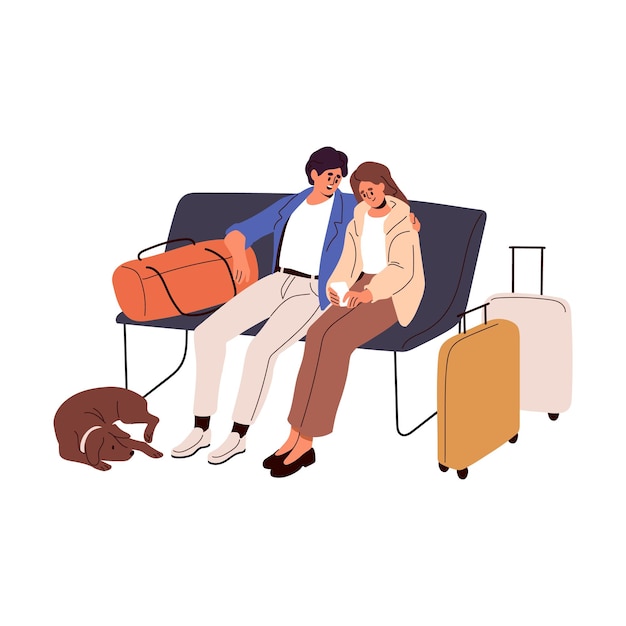 Passengers sitting on bench with bags luggage waiting for departure Tourists couple with dog and baggage on chairs before travel Flat graphic vector illustration isolated on white background