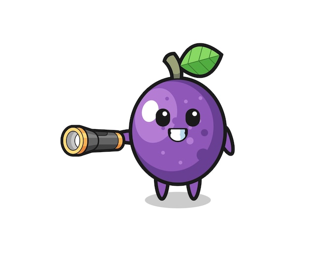 Passion fruit mascot holding flashlight cute design