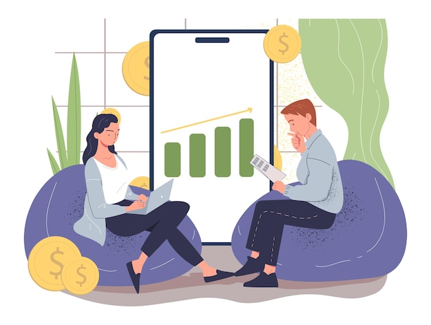 Vector passive income concept man and woman near giant smartphone with charts and graphs traders and