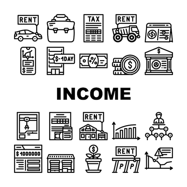 Passive Income Finance Earning Icons Set Vector Car Rental And Delivery Of Special Transport Truck Parking And House Rent Passive Income Line Millionaire Bank Account Black Contour Illustrations