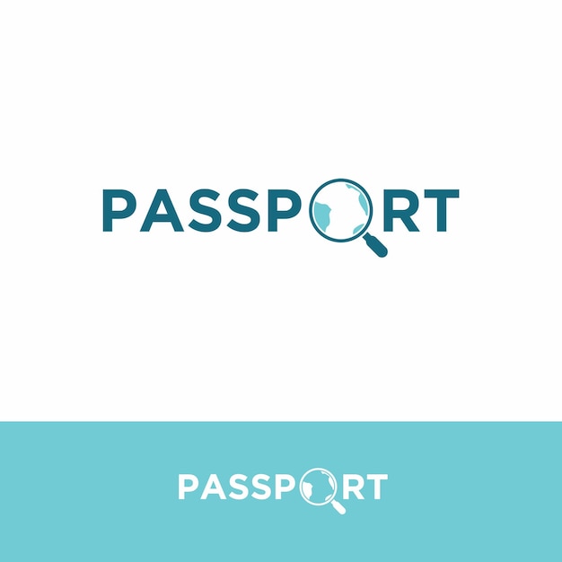 passport logo design with a combination of magnifying glass and earth being the letter O