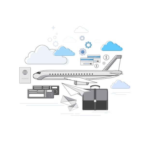 Passport Luggage Airplane Departure Transportation Air Tourism Web Banner Vector Illustration