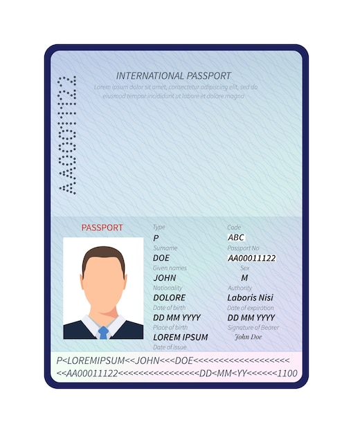 Passport. Open id document with male photo portrait and blank space for immigration visa stamps vector template