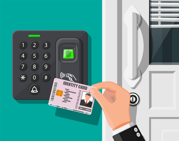 Vector password and fingerprint security device at office or home door. hand with id card. access control machine or time the attendance. proximity card reader. vector illustration in flat style