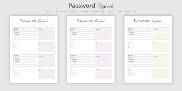 Password log book and password tracker planner journal interior template