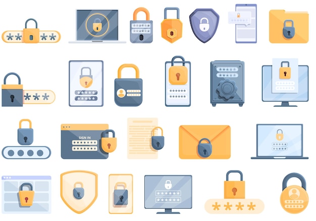 Password protection icons set. Cartoon set of password protection icons