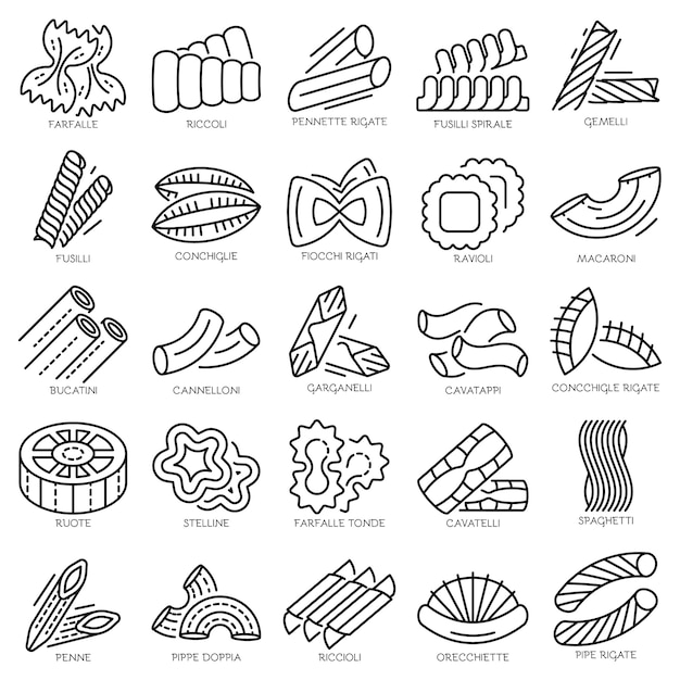 Pasta icon set. Outline set of pasta vector icons