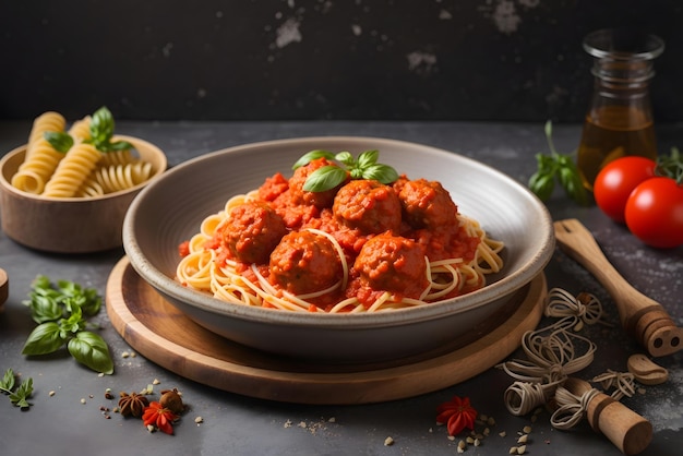 Vector pasta spaghetti with meatballs in tomato sauce on a plate on dark wooden background