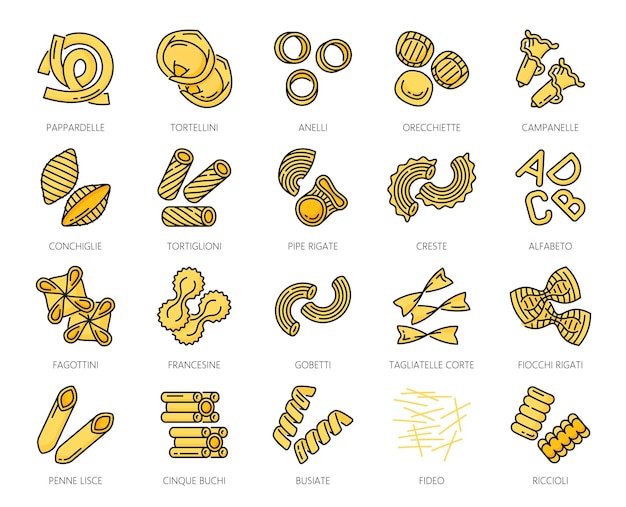 Vector pasta type line icons italian spaghetti macaroni