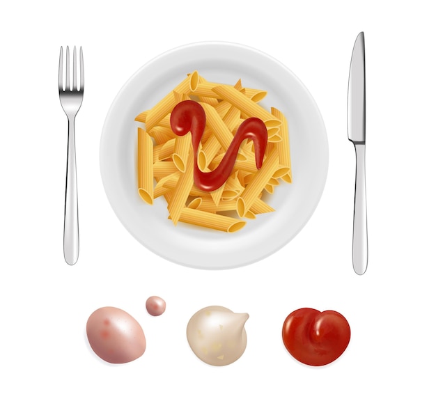 Pasta with tomato sauce Italian cuisine dish isolated white plate and stationery Realistic diverse sauces drops vector set