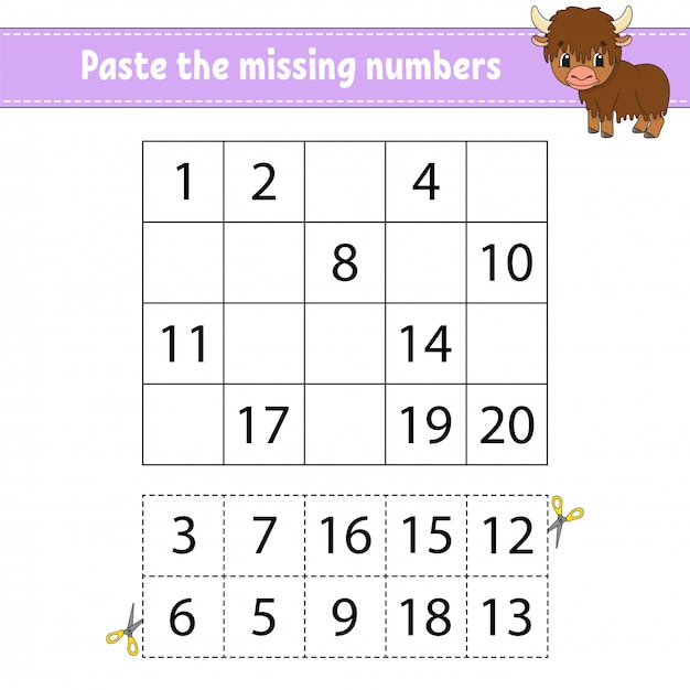 Paste the missing numbers. Game for children. Handwriting practice.