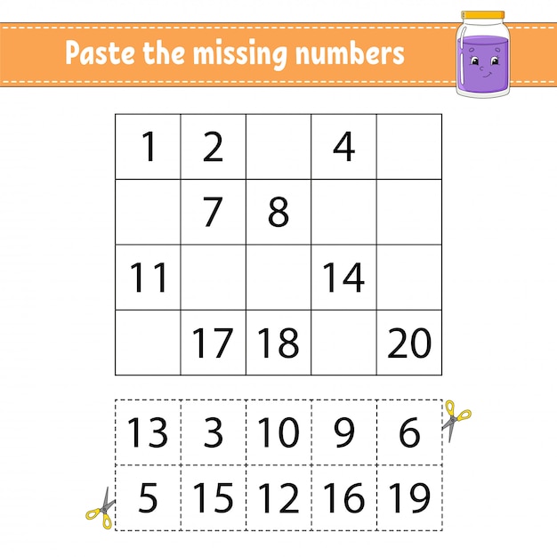 Paste the missing numbers. Handwriting practice. Learning numbers for kids.