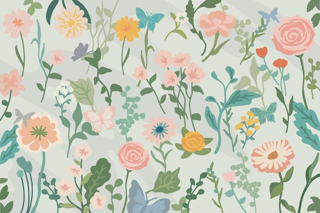 Pastel Blossom Flower Garden and Butterfly Pattern Background Illustration