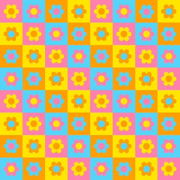 Pastel Blue Pink Yellow Orange Color Daisy Flower Check Checkered Plaid Gingham Pattern Illustration Tablecloth Picnic mat wrap paper Mat Fabric Textile Scarf