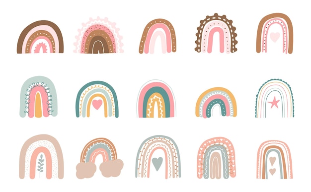 Pastel boho rainbow cute hand drawn modern stickers for nursery childish colorful clipart