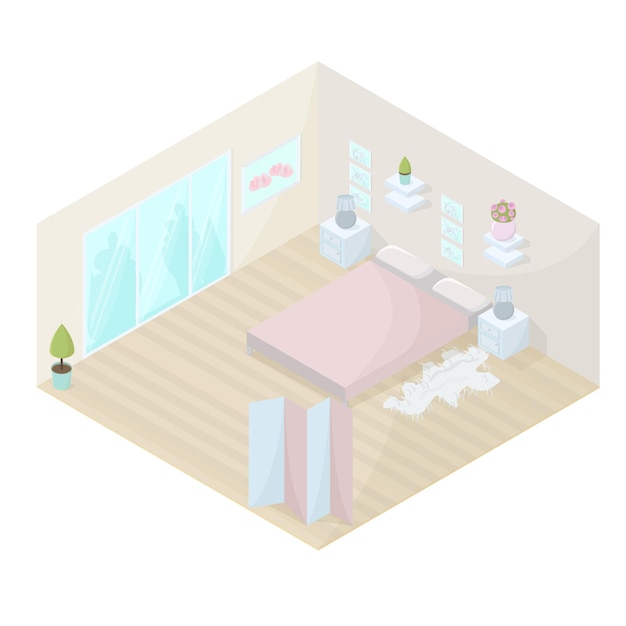 Pastel color bedroom interior vector isometric illustration.