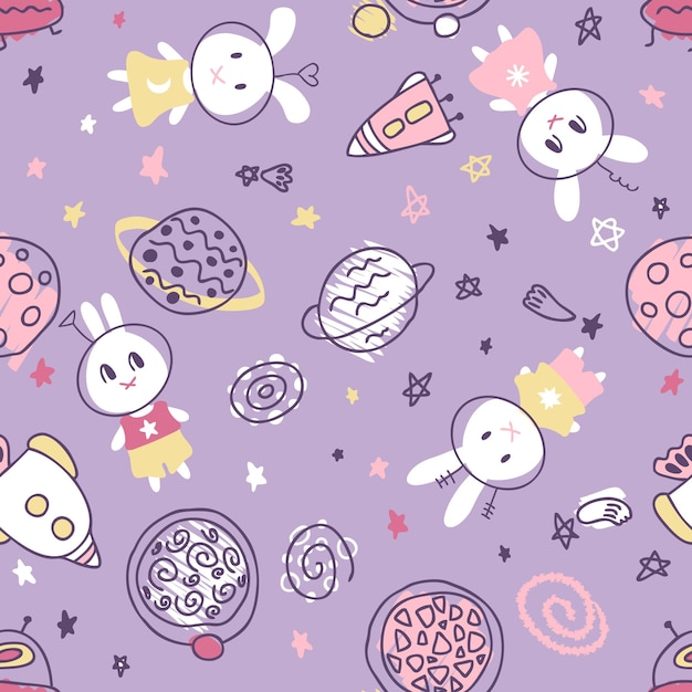 Pastel colored seamless pattern with bunnies cosmonauts in space Perfect print for Tshirt textile fabric Hand drawn vector illustration for decor and design