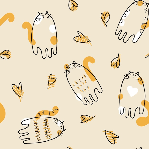 Pastel colored vector seamless pattern of cats and hearts for Tshirt textile and print