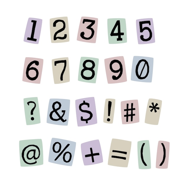 Pastel colored y2k symbols cut out of magazine Anonymous numbers old retro style