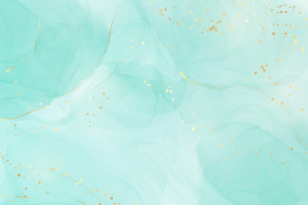 Vector pastel cyan mint liquid marble watercolor background with gold lines and brush stains