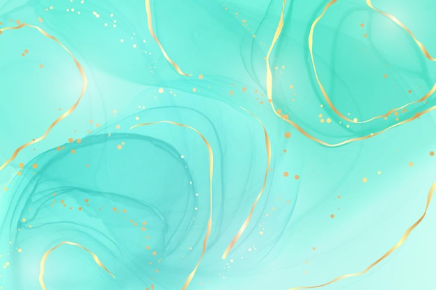 Pastel cyan mint liquid marble watercolor background with gold lines and brush stains