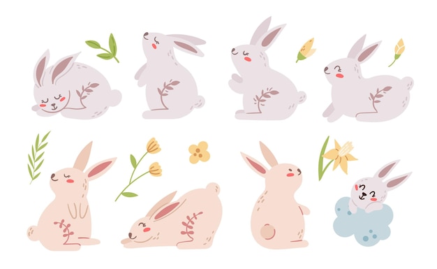 Pastel Easter Rabbit or Bunny kids clipart set,. Easter baby animals and spring flowers isolated on white