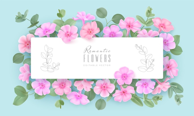 Pastel Phlox flowers and green eucalyptus leaves under horizontal tag with space for text