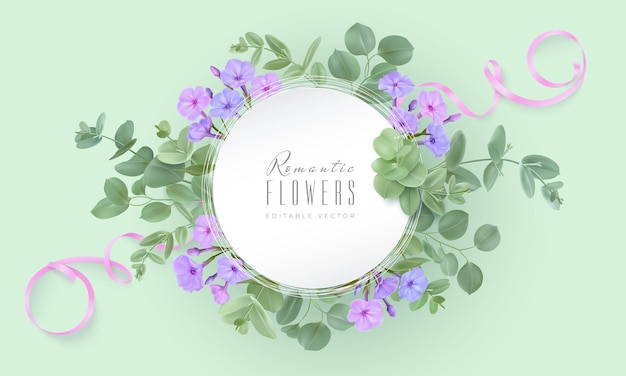 Vector pastel phlox flowers green eucalyptus leaves and ribbon under round shape tag with space for text