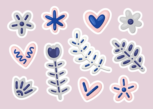 Pastel vector set of 3d stickers and icons. Flowers, twigs and hearts for print, decor, textile