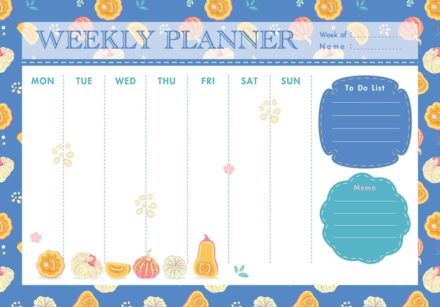 Pastel weekly calendar planner template with slices of pumpkins pattern background_Blue background