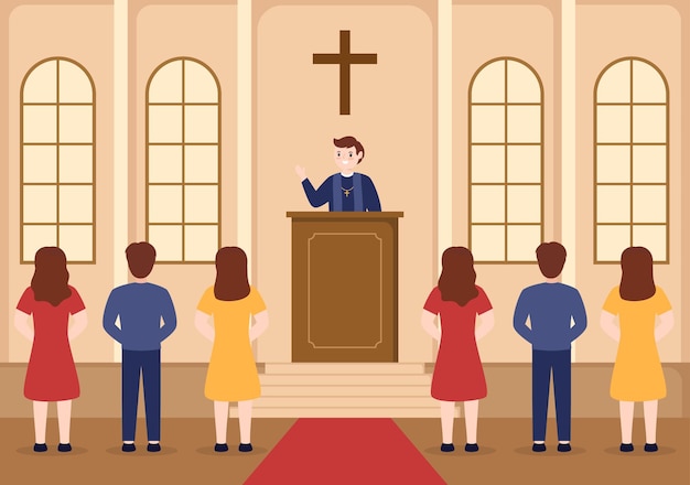 Pastor Giving a Sermon of God in Cassock at a Catholic Church from Pulpit and Baptism Illustration