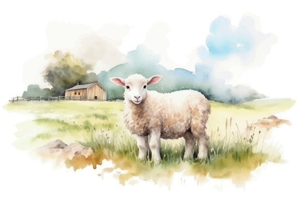 Pastoral watercolor sheep countryside