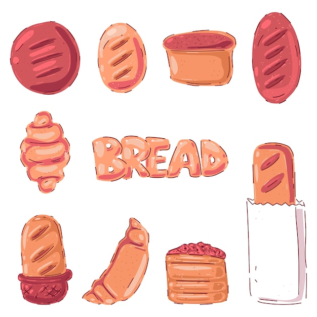 Pastries and bread cartoon set