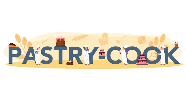 Pastry cook typographic header concept. Professional confectioner chef. Sweet baker cooking pie for holiday, cupcake, chocolate brownie. Isolated flat vector illustration