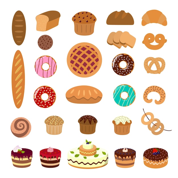 Pastry illustrations set Bread and pie muffins and cupcakes cakes and buns