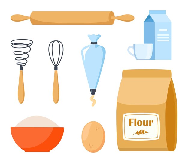 Vector pastry making equipment and ingredients baking tools set delicious baking vector illustration