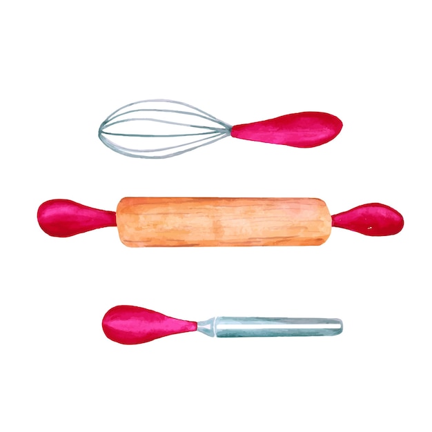 Pastry utensils set on white background. Pink bakery tools. Rolling pin, knive, and whisk.