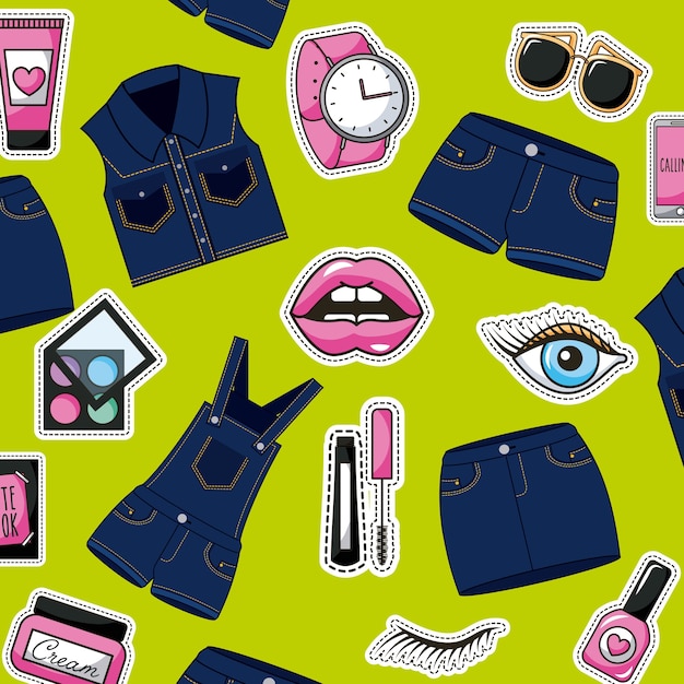 patches fashion denim clothes feminine lips makeup