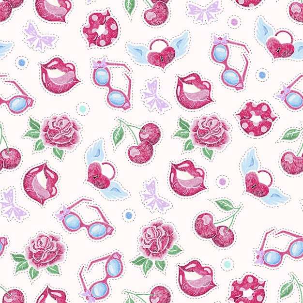 Patches seamless pattern Stickers lips and cherry love patch Fabric prints girly retro cloth or wallpaper 90s stylish embroidery nowaday vector background